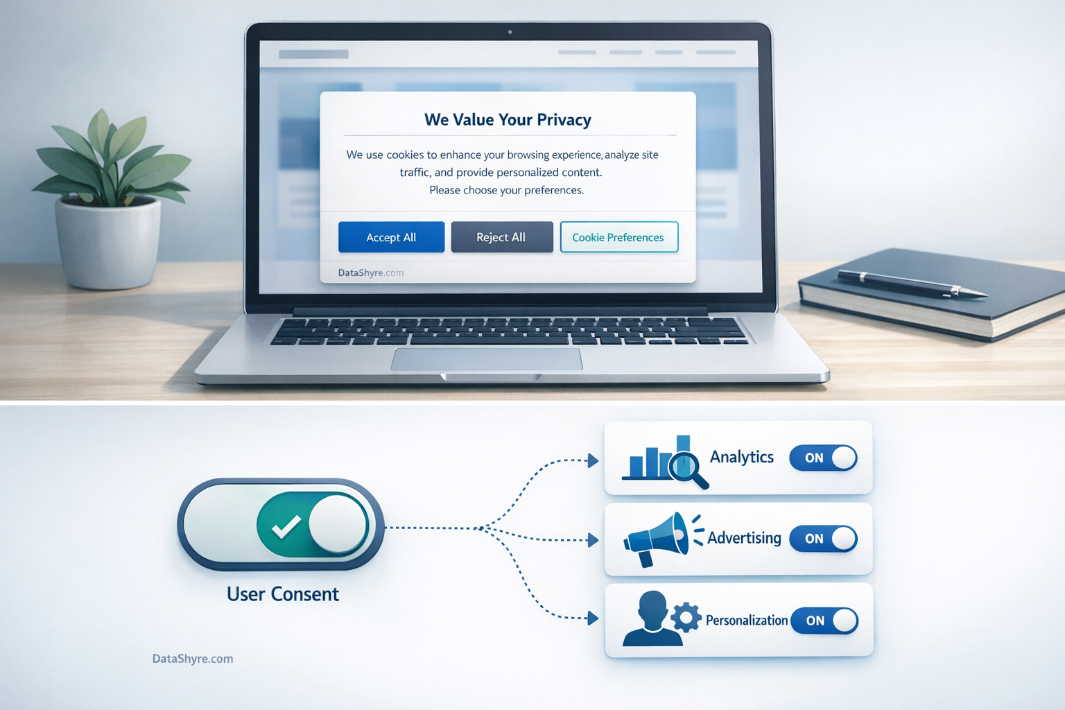 Concept visual showing a consent signal controlling analytics, advertising, and personalization tools with subtle DataShyre.com branding