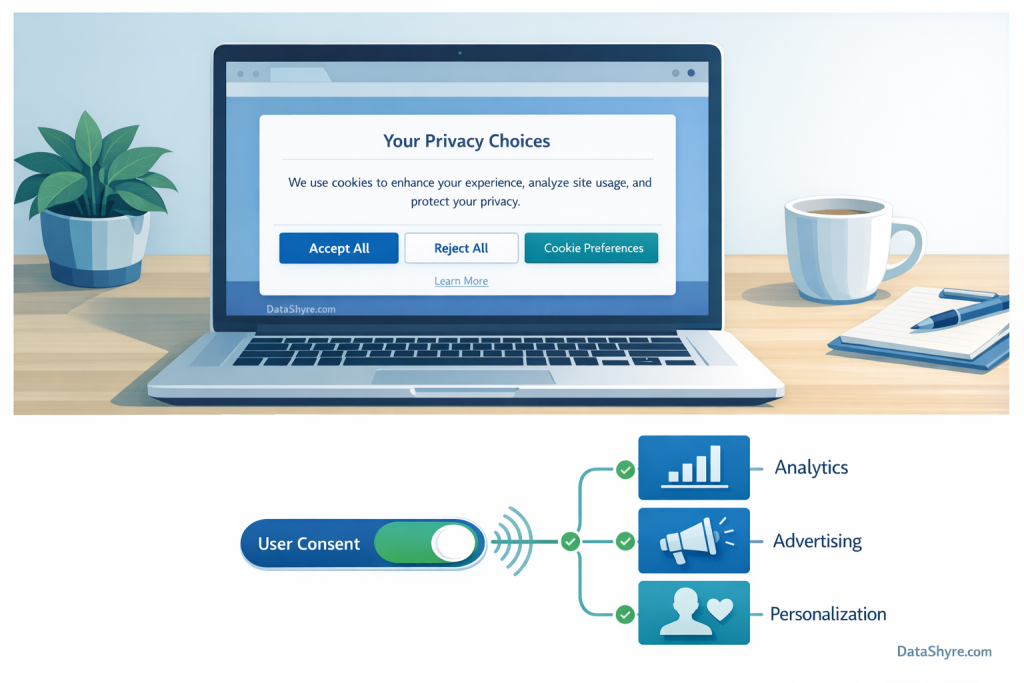 Editorial illustration of a professional cookie consent banner with balanced choices and subtle DataShyre.com branding