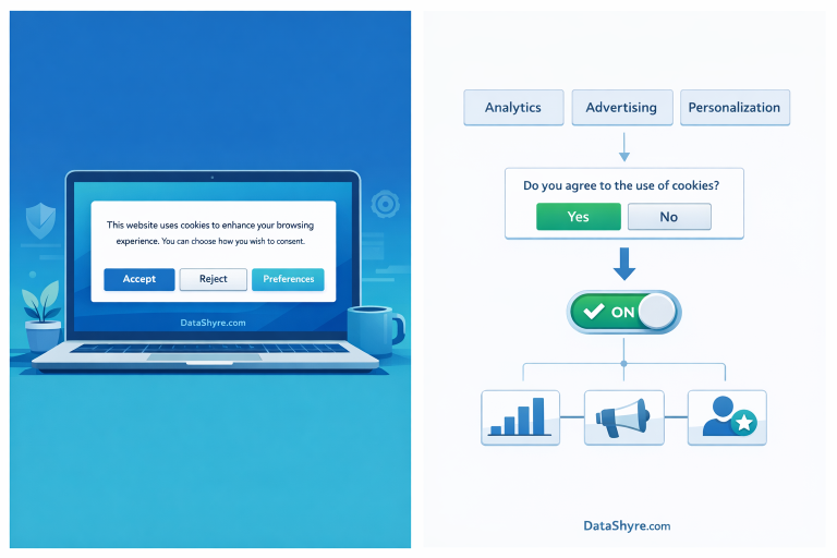 Editorial illustration of a laptop showing a balanced consent banner with equal Accept, Reject, and Preferences controls and subtle DataShyre.com branding