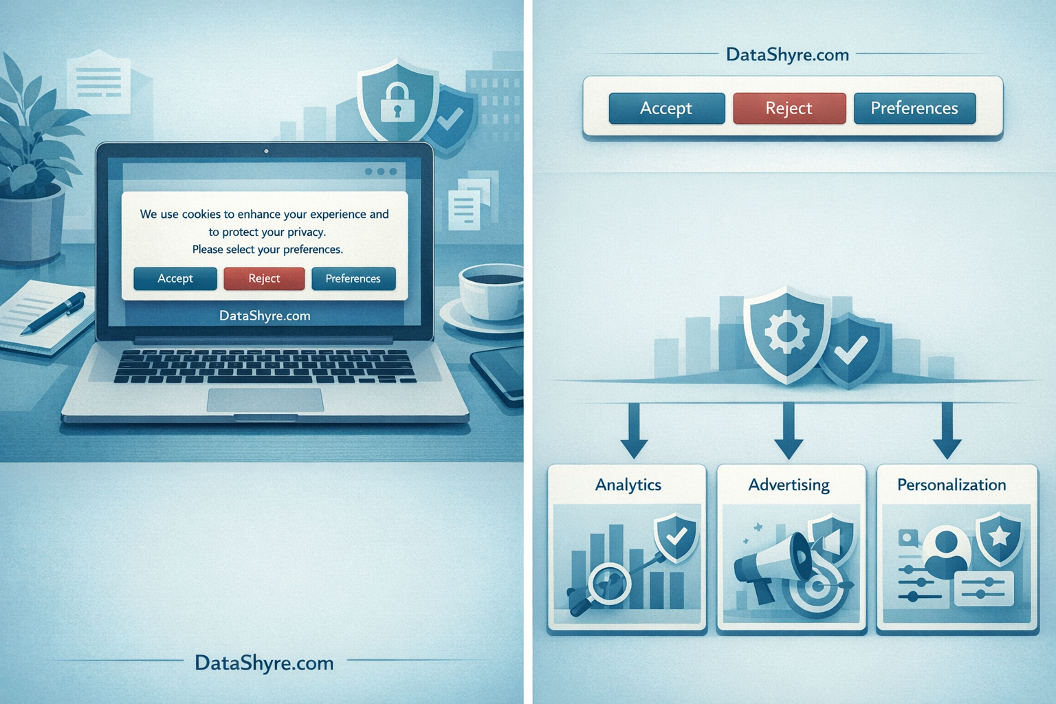 Editorial illustration of a consent signal flow controlling analytics, ads, and personalization tools with subtle DataShyre.com branding