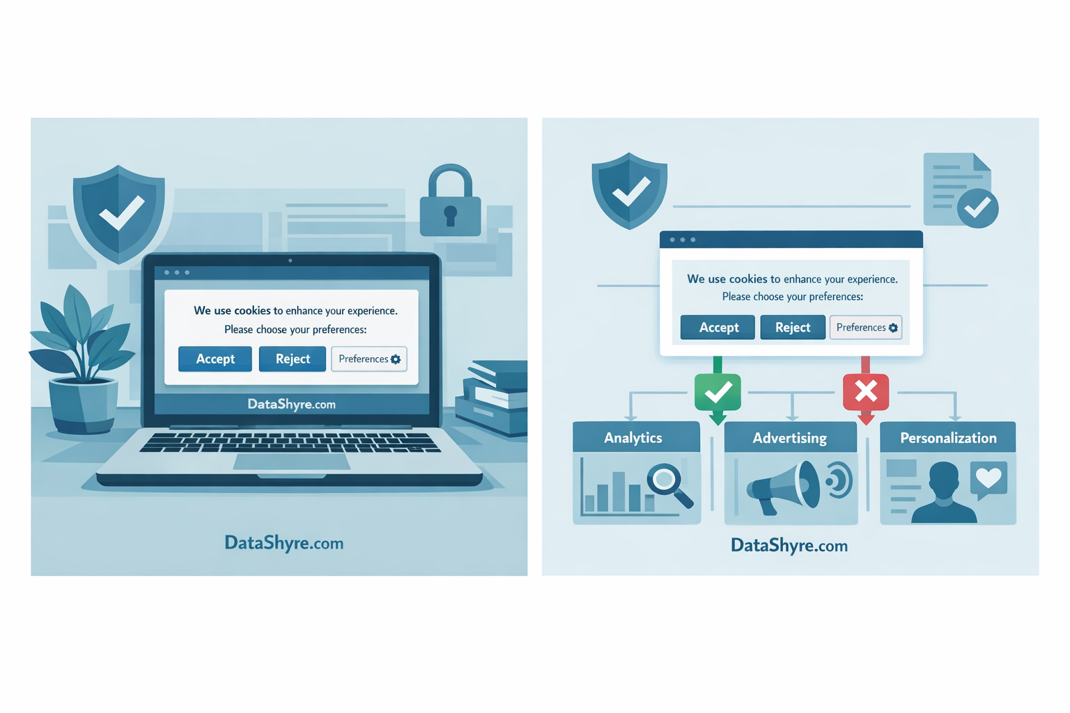 Editorial illustration of a balanced GDPR cookie consent banner on a laptop with subtle DataShyre.com branding