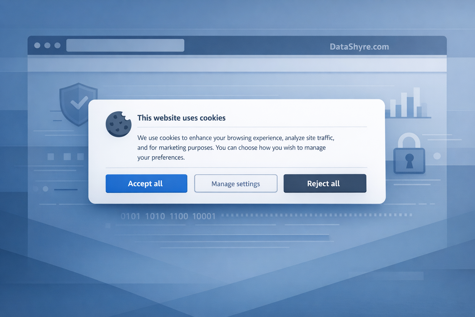 Cookie consent banner examples showing equal-weight accept and reject choices with subtle DataShyre.com branding