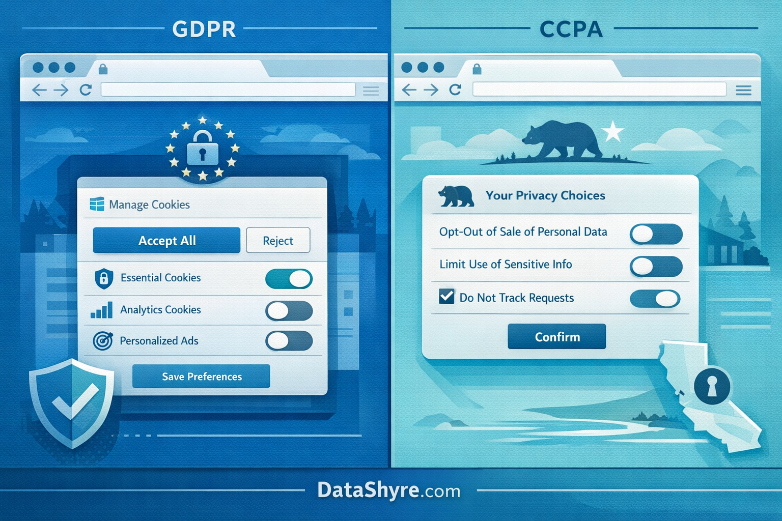 GDPR vs. CCPA comparison showing EU consent controls beside California privacy choices with subtle DataShyre.com branding