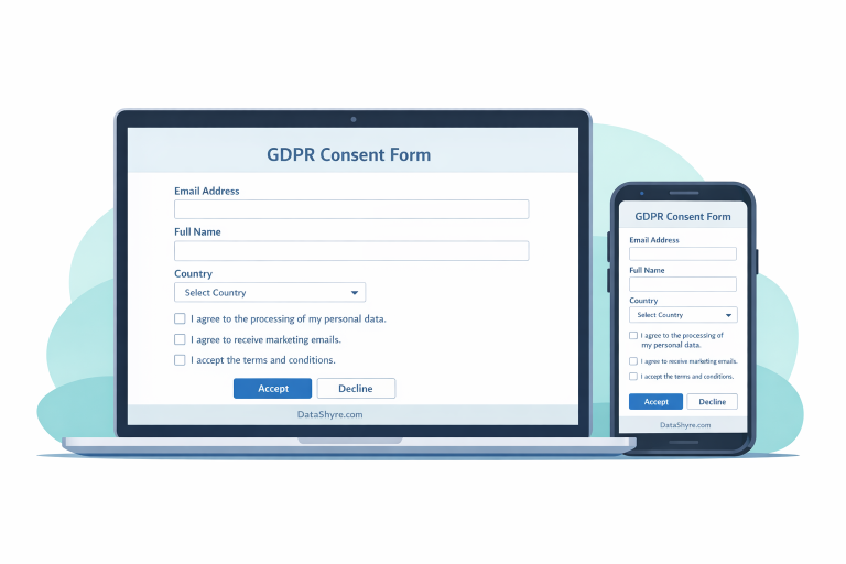 Privacy consent form shown on a laptop and mobile screen with clear unticked checkboxes and subtle DataShyre.com branding