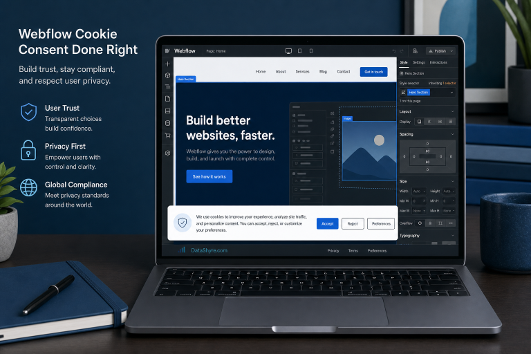 Webflow cookie consent banner on a modern website builder dashboard with clear accept reject and preferences controls and subtle DataShyre.com branding