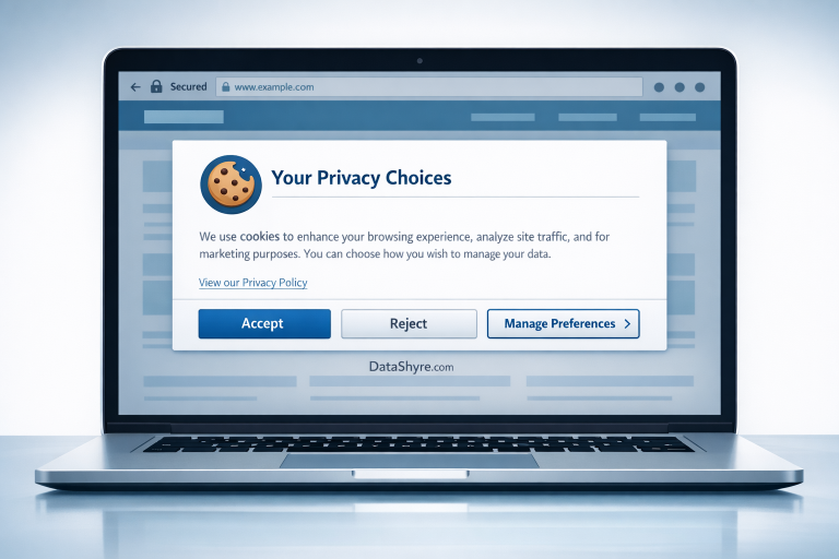 Modern website privacy banner with accept reject and manage preferences choices, subtle DataShyre.com branding