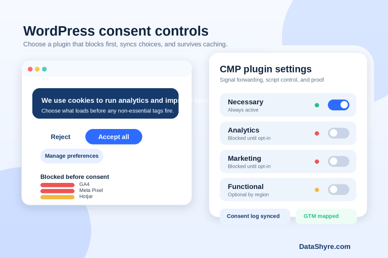 Cookie consent WordPress plugin dashboard with banner preview, category toggles, blocked tag indicators, and subtle DataShyre.com branding