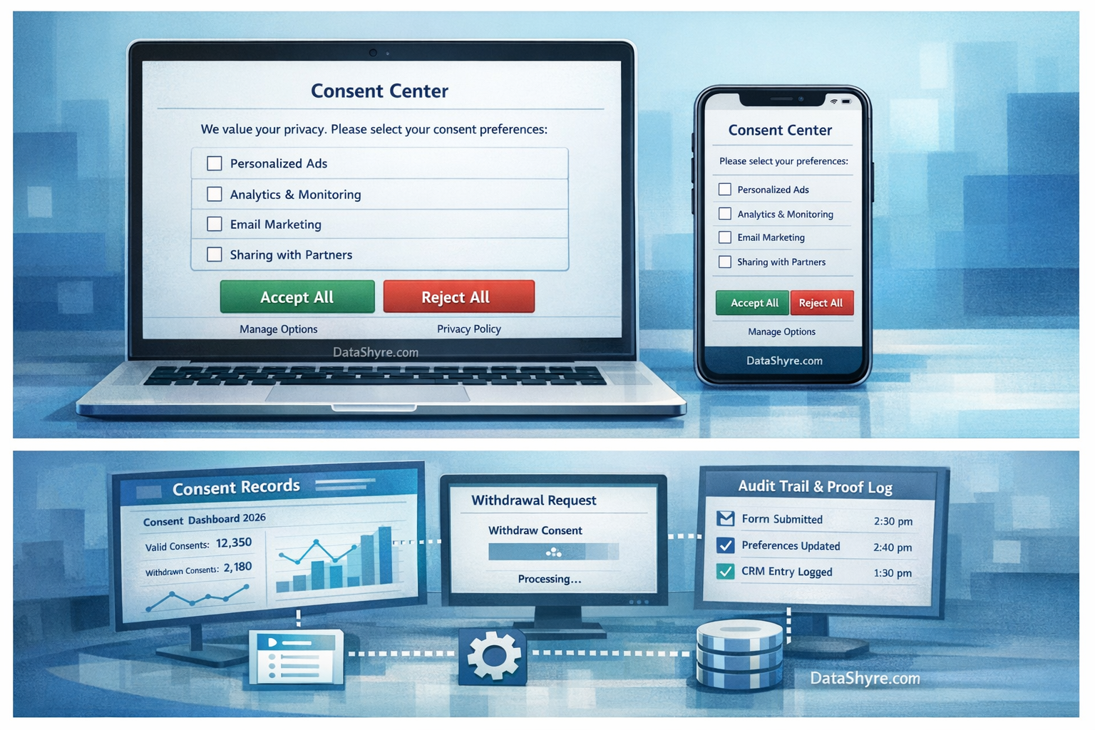 Consent controls shown on a laptop and phone with equal accept and reject choices, unticked options, and subtle DataShyre.com branding