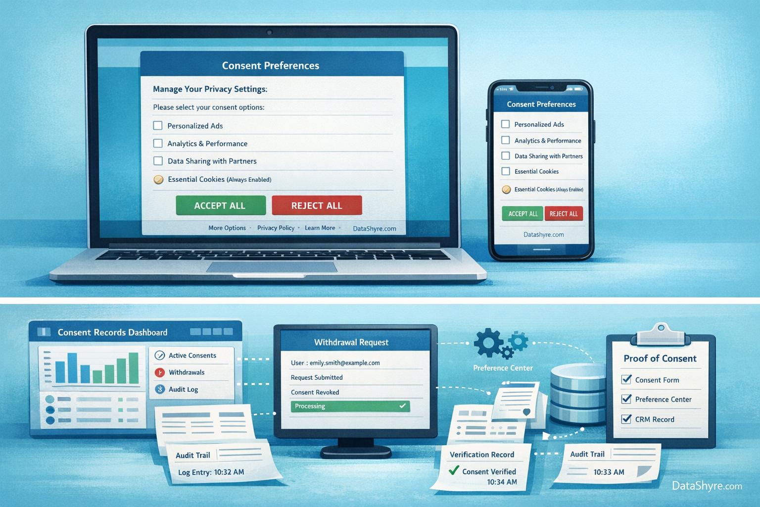 Consent proof workflow with audit logs, withdrawal status, and connected systems, with subtle DataShyre.com branding