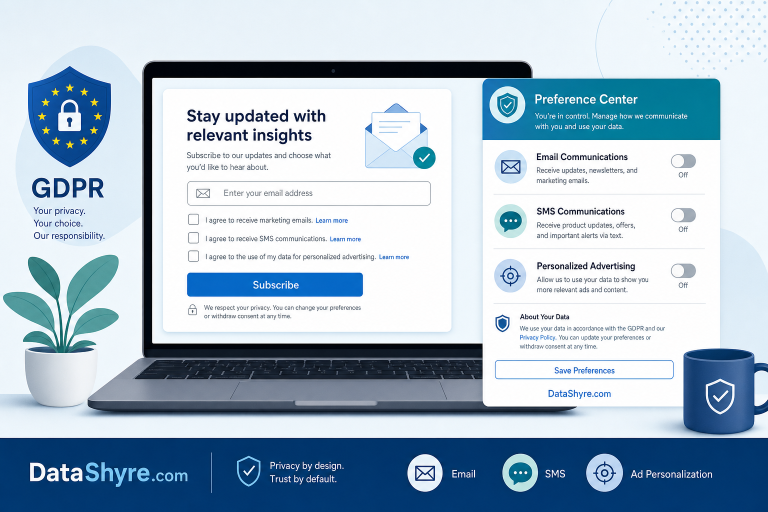 Laptop showing a marketing signup form with unticked consent boxes, channel choices, and subtle DataShyre.com branding