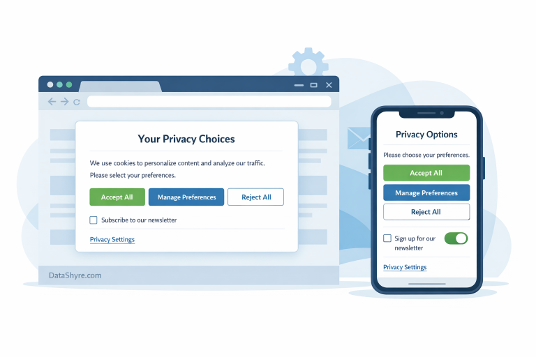 Modern website and mobile app privacy controls with accept reject and manage preferences choices, plus subtle DataShyre.com branding