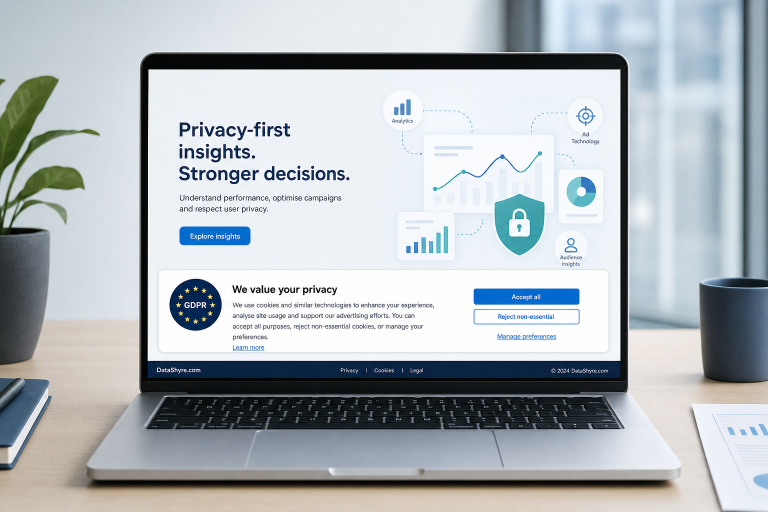 GDPR cookies consent banner with balanced accept and reject choices on a website interface and subtle DataShyre.com branding