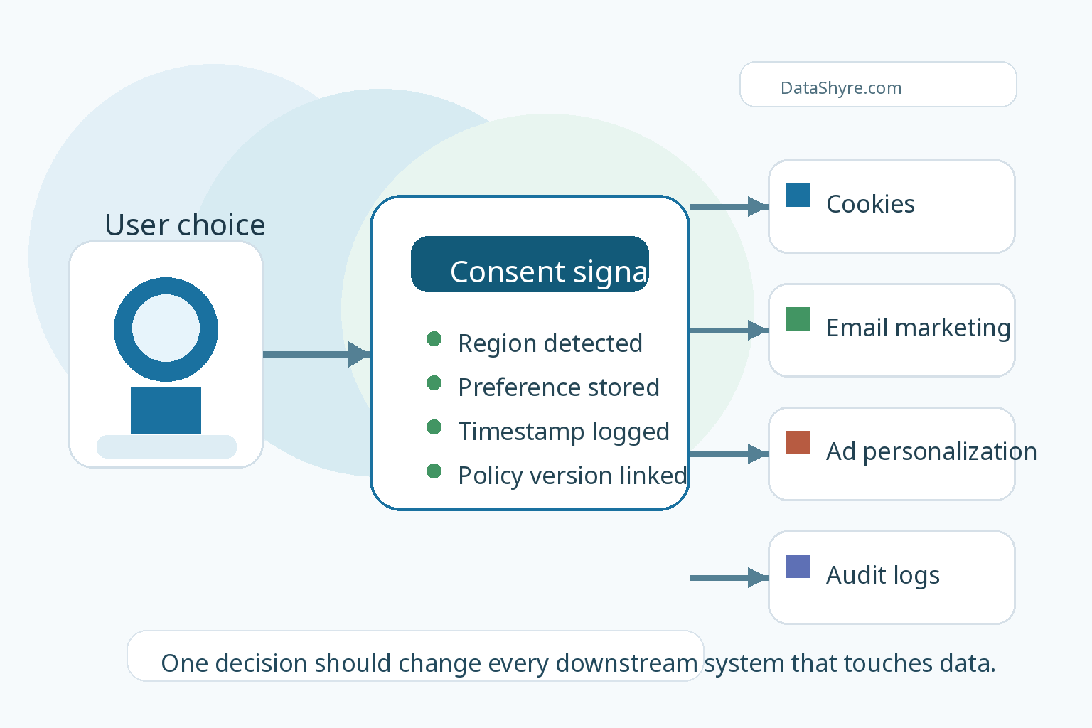 Consent workflow showing user choice flowing into cookies, email, ad personalization, and audit logs with subtle DataShyre.com branding