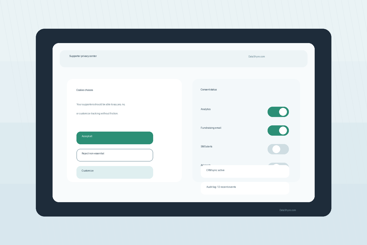 Nonprofit consent management platform interface on a donation website with supporter privacy choices and subtle DataShyre.com branding