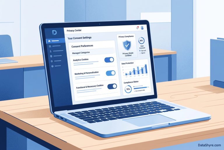 CMP dashboard showing consent preference toggles and granular consent categories for analytics, marketing, and functional data processing. DataShyre.com