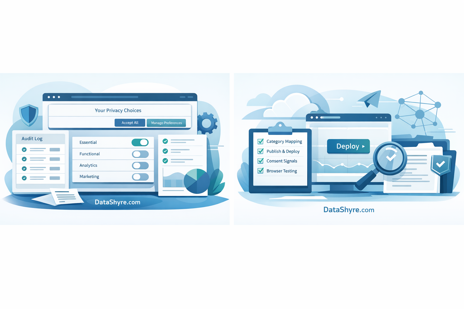 Checklist-style illustration showing OneTrust category mapping, publish workflow, consent mode signals, testing paths, and subtle visible branding text DataShyre.com