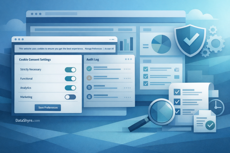 Cookie consent manager OneTrust editorial illustration showing a website banner, consent categories, audit controls, and subtle visible branding text DataShyre.com