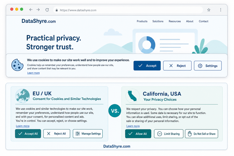 Cookie consent text example showing a banner with equally visible Accept, Reject, and Settings choices and subtle DataShyre.com branding