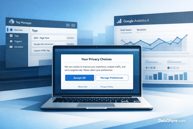 Editorial illustration showing a consent banner, Google Tag Manager-style interface, and analytics dashboard with subtle DataShyre.com branding