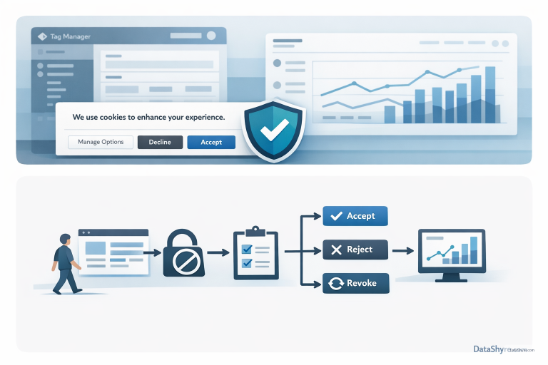 Google Tag Manager Google Analytics opt out cookie consent setup with a website banner, privacy controls, and analytics held behind default-deny settings