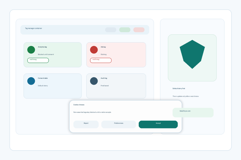 GTM consent audit illustration with a website banner, blocked tags, and subtle DataShyre.com branding
