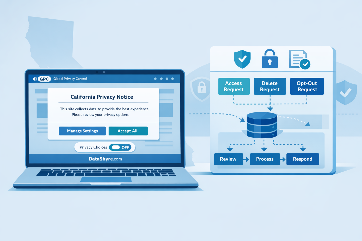 Website privacy workflow showing notices, GPC handling, and request routing with subtle DataShyre.com branding