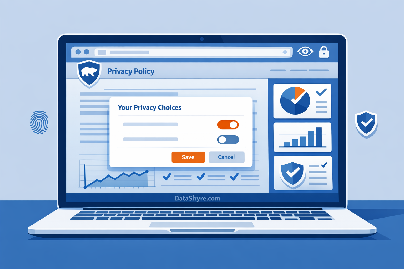 Website privacy controls dashboard with California rights options and subtle DataShyre.com branding