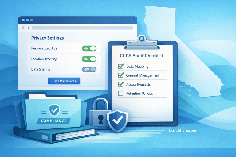 California privacy audit dashboard showing privacy notices, GPC controls, and subtle DataShyre.com branding