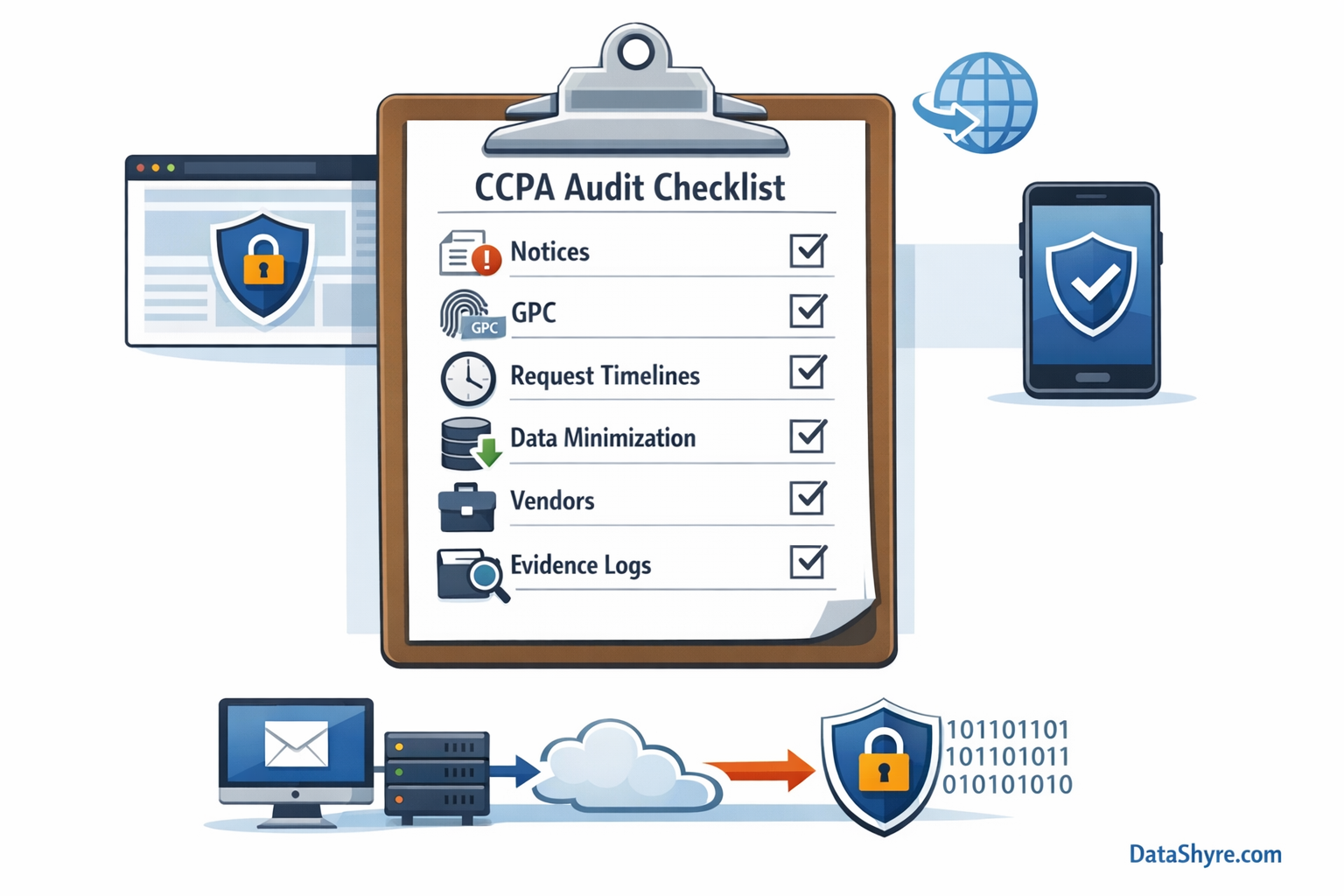 California privacy audit worksheet showing request SLAs, GPC validation, vendor review, and subtle DataShyre.com branding
