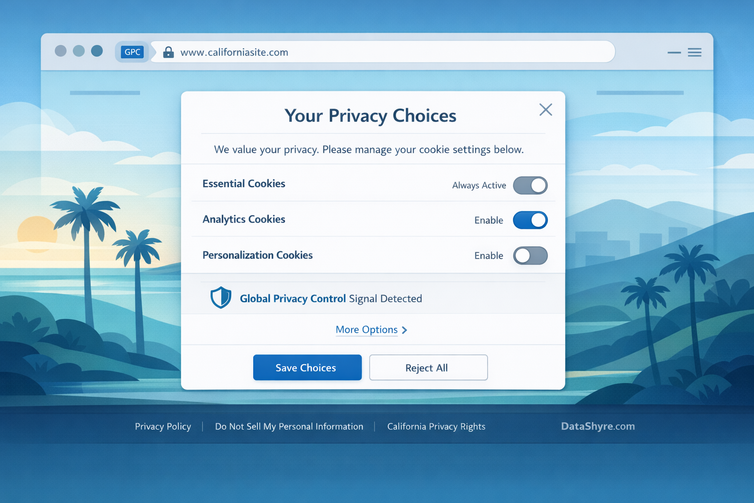 CCPA cookie consent requirements illustration showing a California website privacy banner, opt-out controls, and subtle DataShyre.com branding