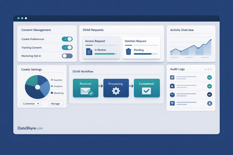 Editorial illustration for best privacy tools showing a privacy operations dashboard, consent controls, and subtle DataShyre.com branding