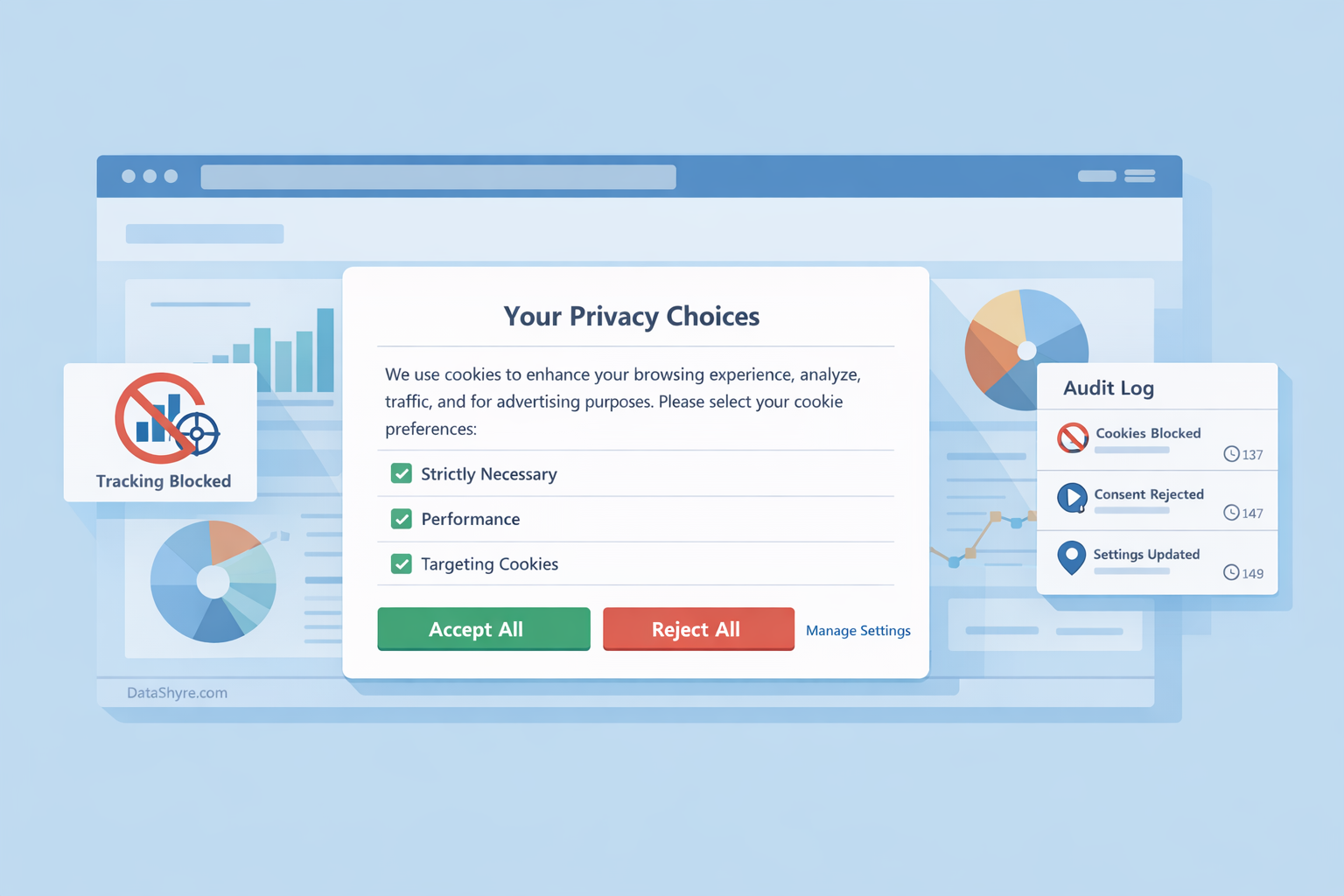 Editorial illustration showing a website cookie banner with equal accept and reject buttons, blocked trackers, and subtle DataShyre.com branding
