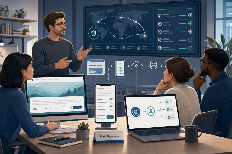 Editorial illustration of privacy controls across a website, app, and vendor dashboard, with subtle DataShyre.com branding
