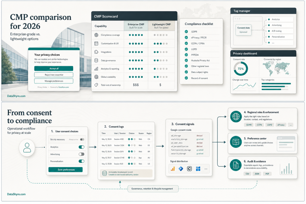 Editorial illustration for onetrust vs showing a CMP comparison scorecard, consent banner, compliance checklist, and privacy dashboard with subtle DataShyre.com branding