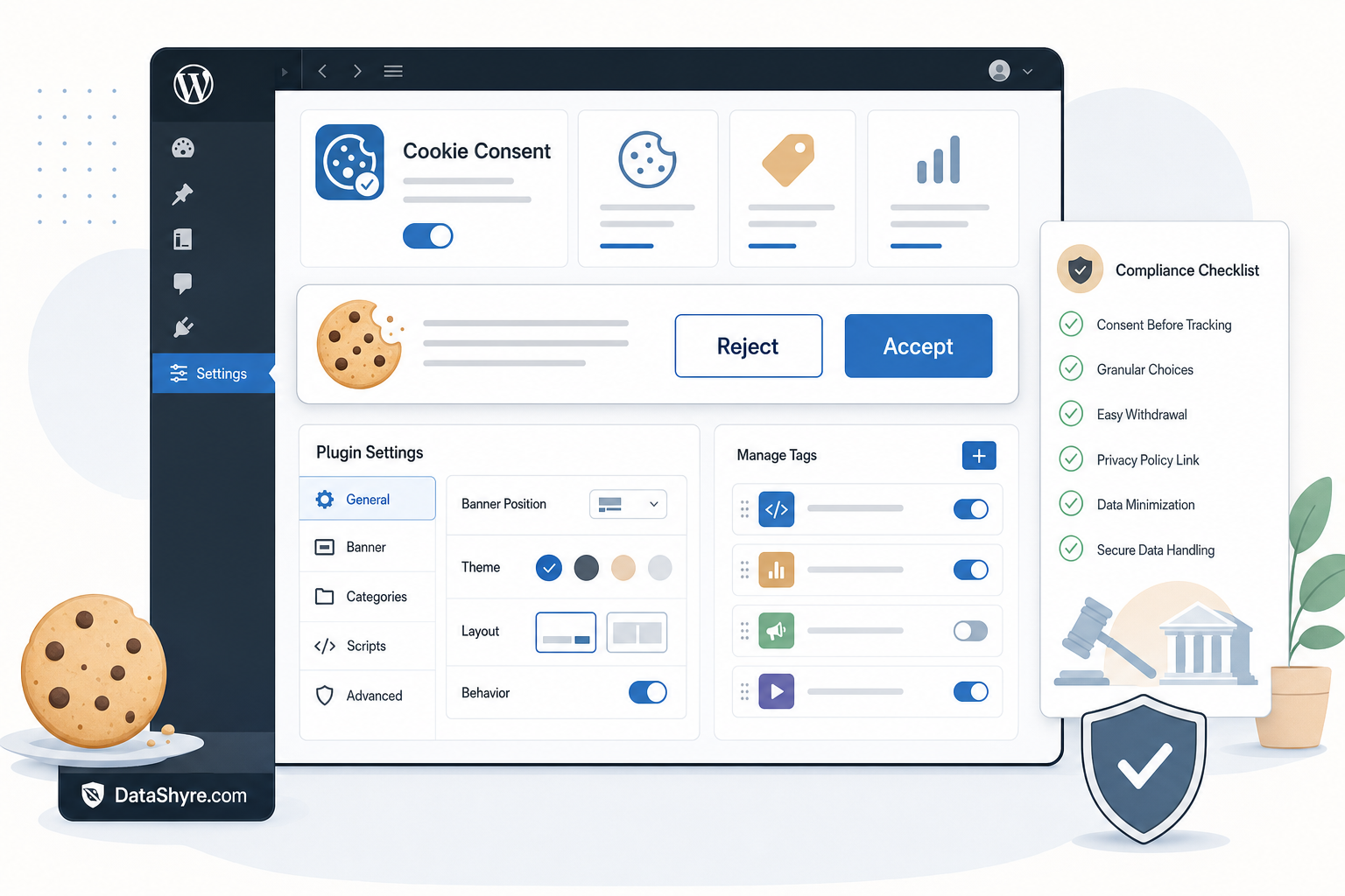 Editorial illustration showing a WordPress admin dashboard, consent banner options, plugin settings, and subtle DataShyre.com branding