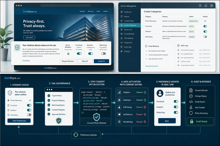Editorial illustration of a website consent banner, OneTrust-style admin controls, audit logs, and privacy-safe tag controls with subtle visible DataShyre.com branding