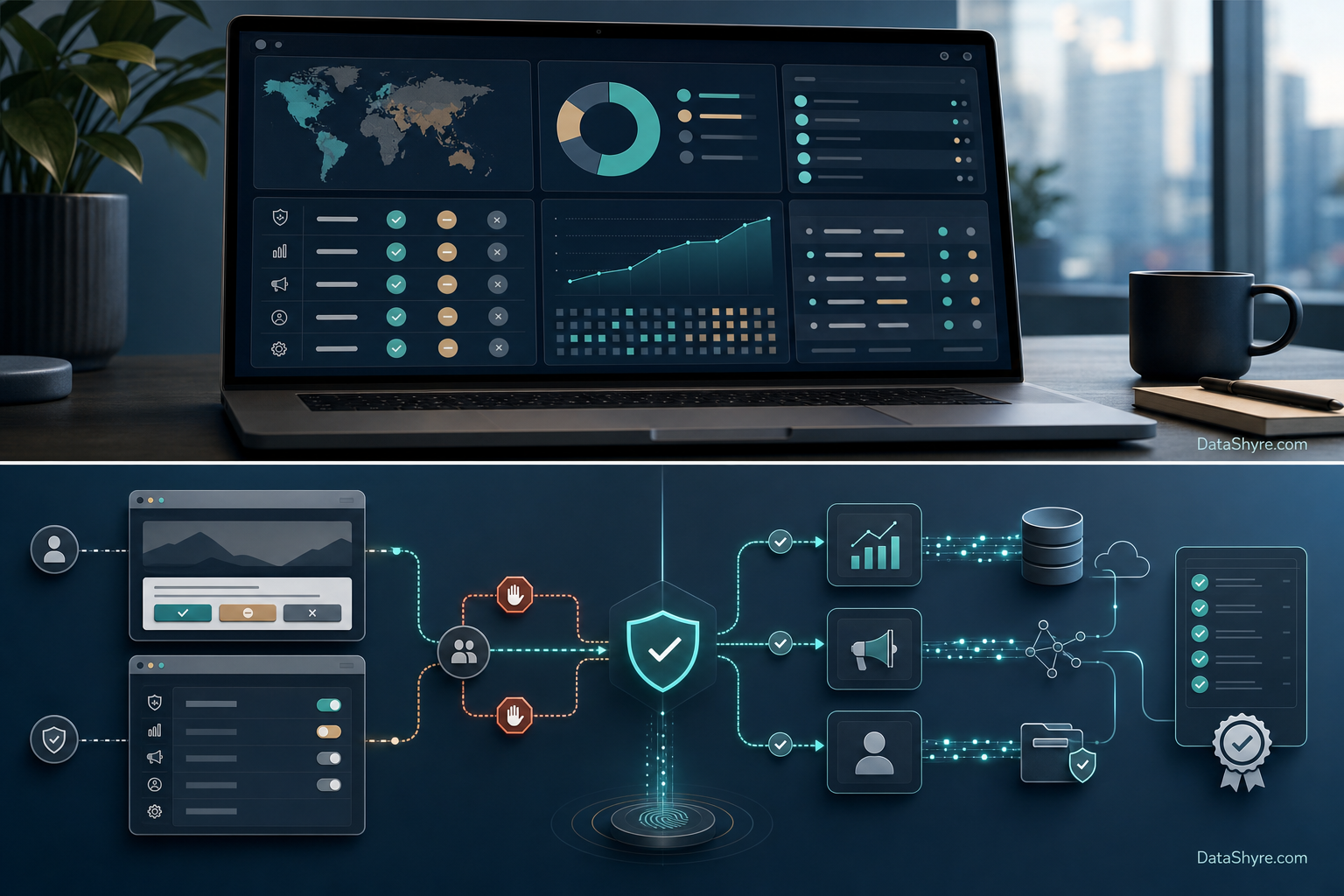 Systems-flow illustration of consent choices moving into analytics, advertising, and audit records with subtle DataShyre.com branding