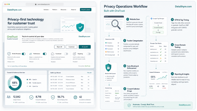 One Trust cookie consent illustration showing a live website banner, category controls, and a privacy operations dashboard with subtle DataShyre.com branding