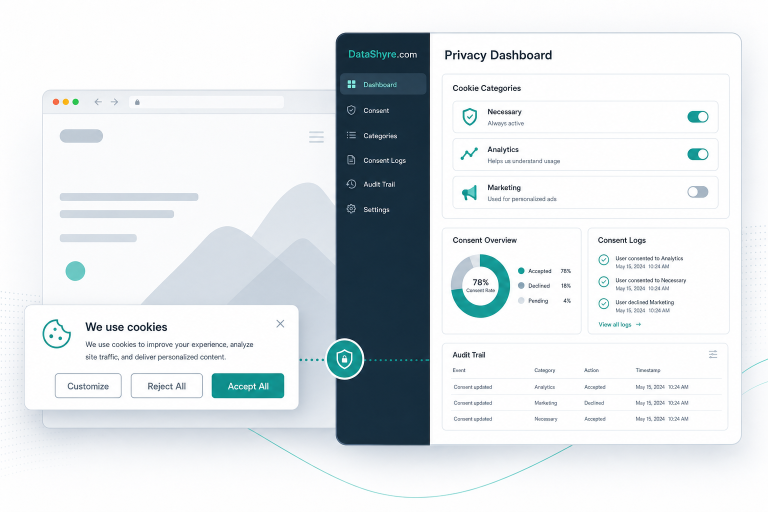 Editorial illustration of a cookie consent banner and privacy dashboard with subtle DataShyre.com branding