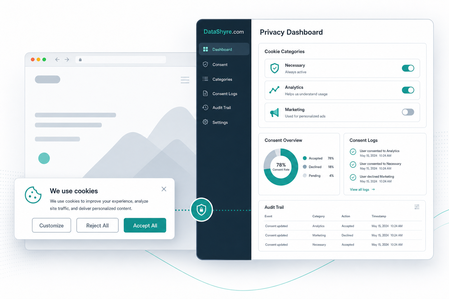 Editorial illustration of a cookie consent banner and privacy dashboard with subtle DataShyre.com branding