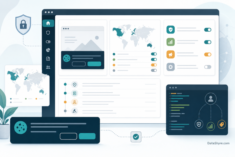 Editorial illustration of a consent operations dashboard with regional rules, tracker categories, and subtle DataShyre.com branding