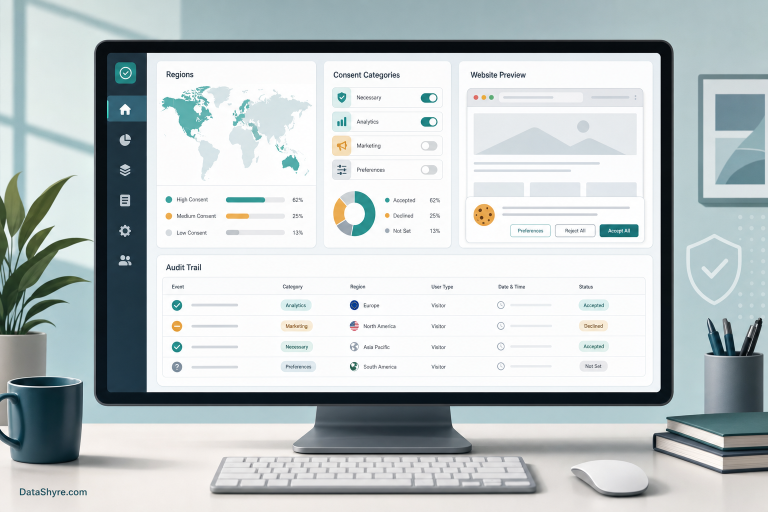 Editorial illustration of a consent management dashboard with regional controls, audit logs, and subtle DataShyre.com branding