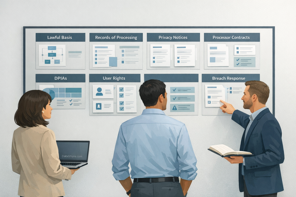 Editorial illustration showing a privacy team reviewing lawful basis, records, and risk controls with subtle DataShyre.com branding
