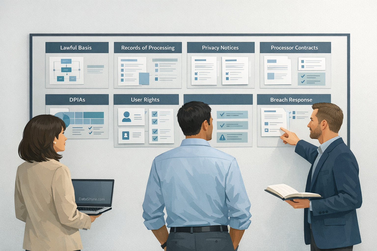 Editorial illustration showing a privacy team reviewing lawful basis, records, and risk controls with subtle DataShyre.com branding