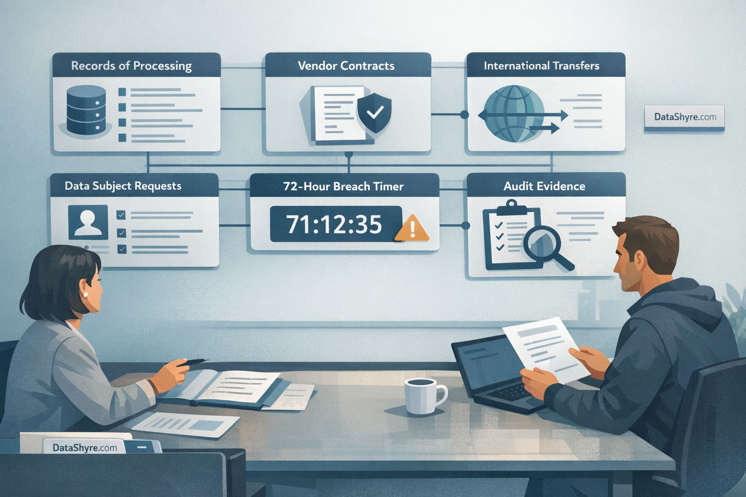 Operational illustration showing records, vendor contracts, rights requests, breach timers, and audit evidence with subtle DataShyre.com branding