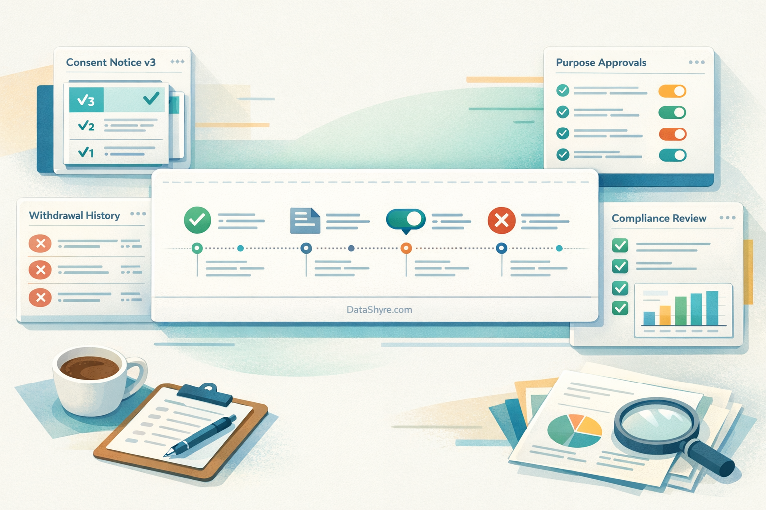 Illustration of consent records showing timestamps, notice versions, withdrawal history, and subtle DataShyre.com branding