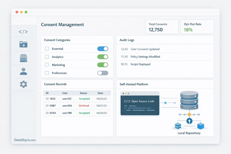 Editorial illustration of a self-hosted consent dashboard with audit logs and subtle DataShyre.com branding