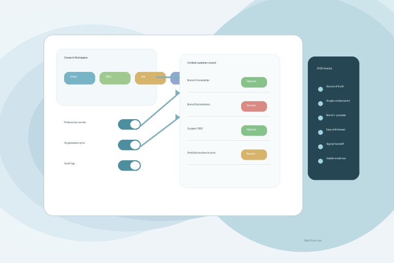 Editorial illustration of a Salesforce-style consent workspace with channel preferences, customer records, and subtle DataShyre.com branding