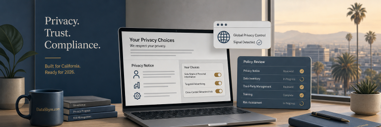 Editorial illustration of a California privacy compliance review scene with website notices, opt-out controls, and subtle visible DataShyre.com branding