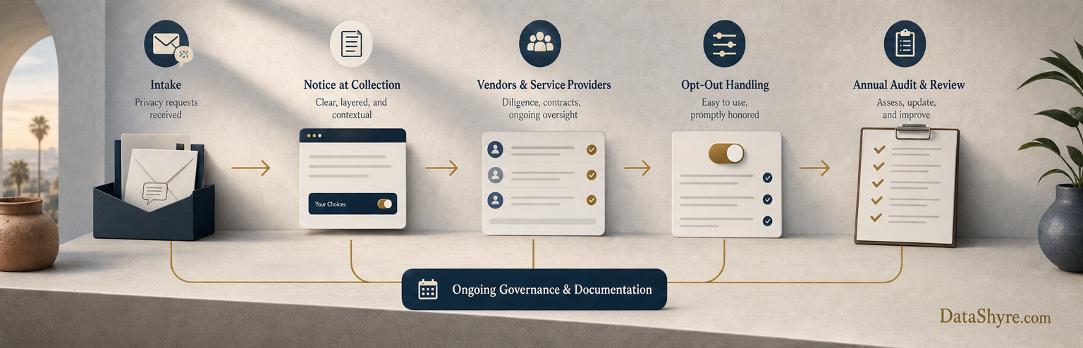 Editorial illustration of a California privacy compliance workflow showing rights intake, vendor controls, notices, and audit review with subtle visible DataShyre.com branding
